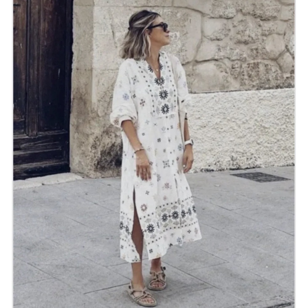 Zara Kaftan Dress S White Floral Oversized Linen Blend Print Tunic 8038/456